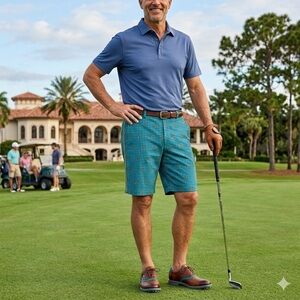 Robert Graham Blue-Teal Patterned Shorts Sz 36 Classic Fit Linen/Cotton Luxury